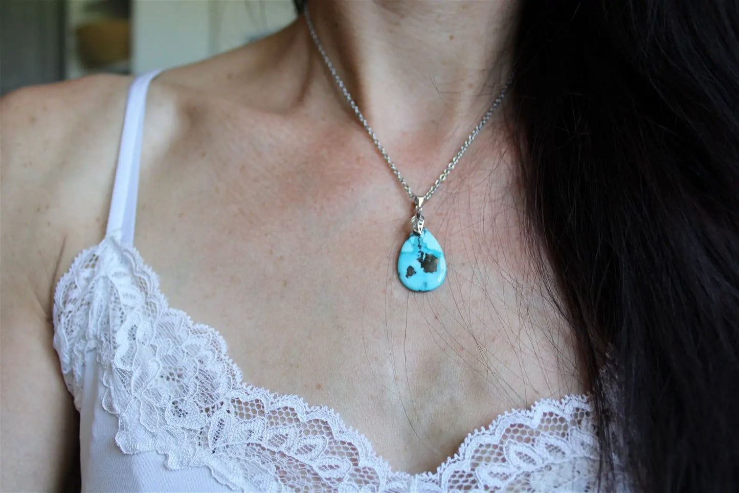 Collier turquoise avec chaîne inox - Aurore Lune