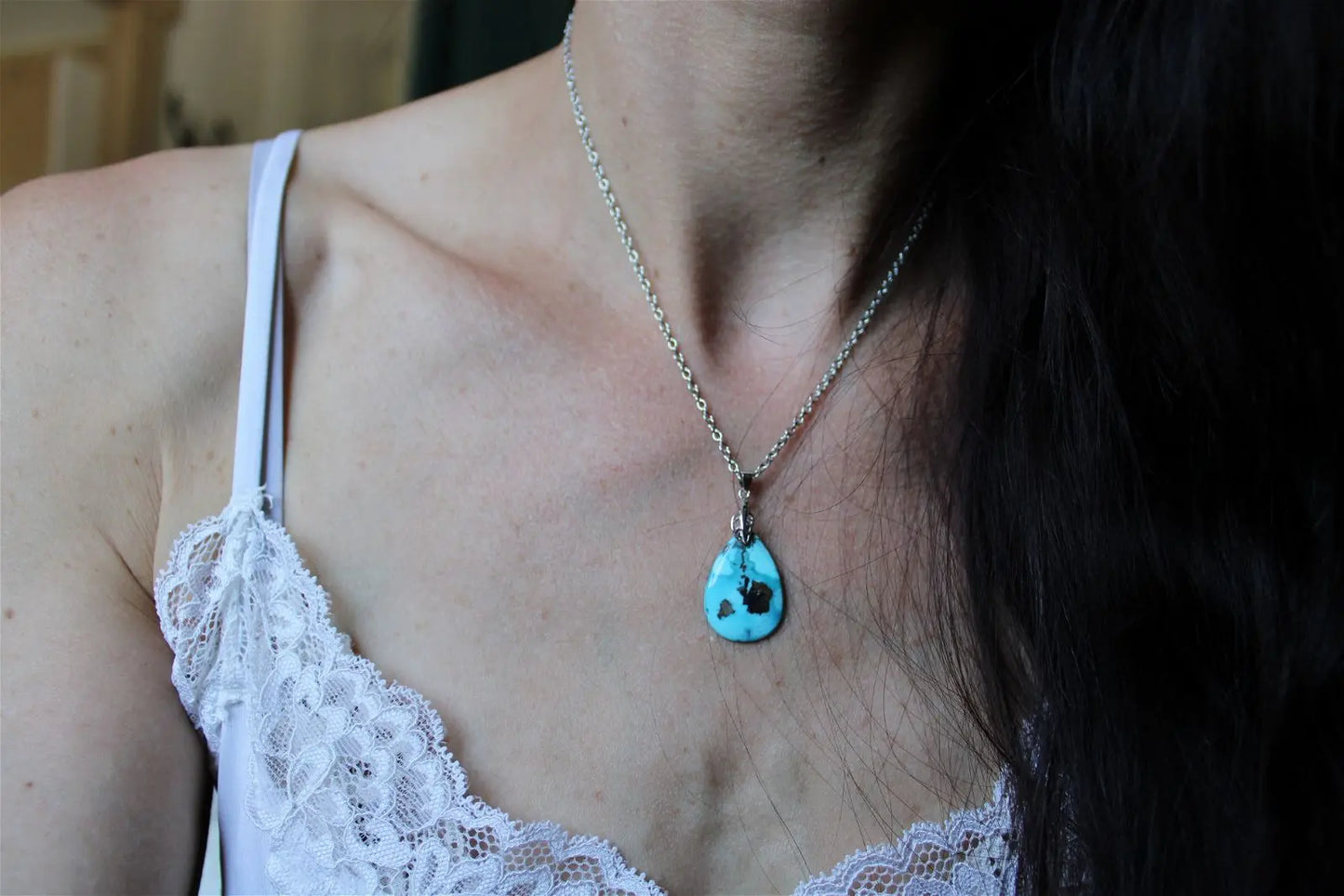 Collier turquoise avec chaîne inox - Aurore Lune
