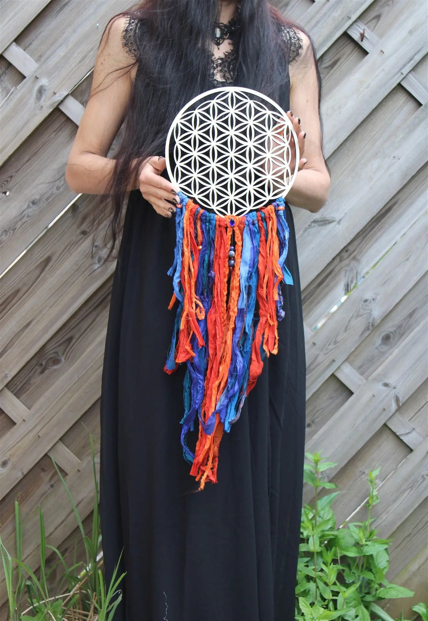 Décoration FLEUR DE VIE ET SOIE **boho chic gypsy** sodalite ambre - Aurore Lune