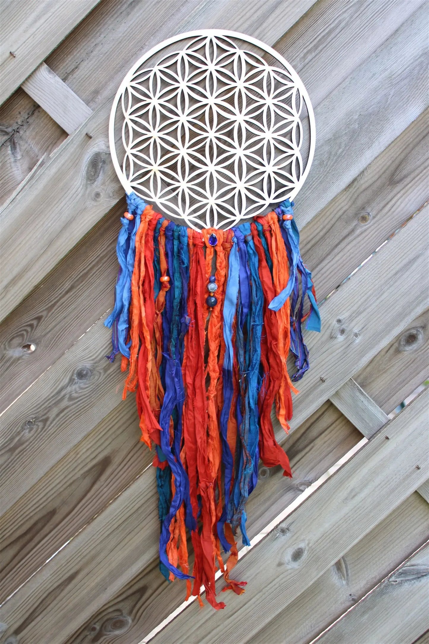Décoration FLEUR DE VIE ET SOIE **boho chic gypsy** sodalite ambre - Aurore Lune