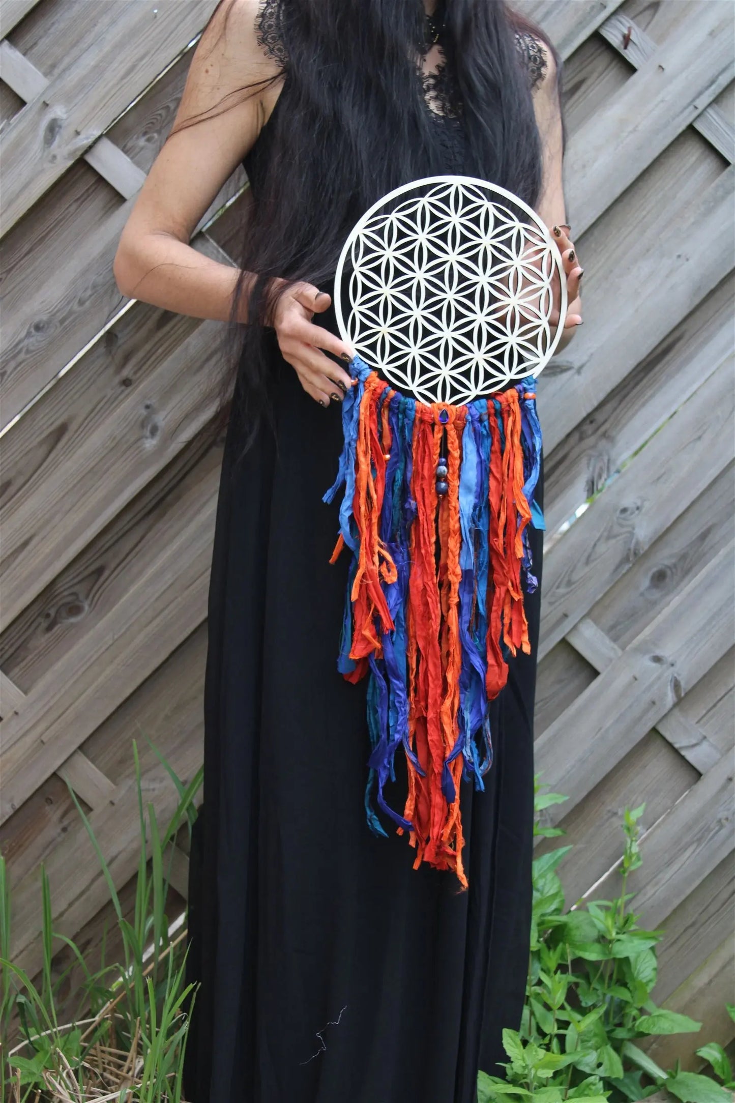Décoration FLEUR DE VIE ET SOIE **boho chic gypsy** sodalite ambre - Aurore Lune