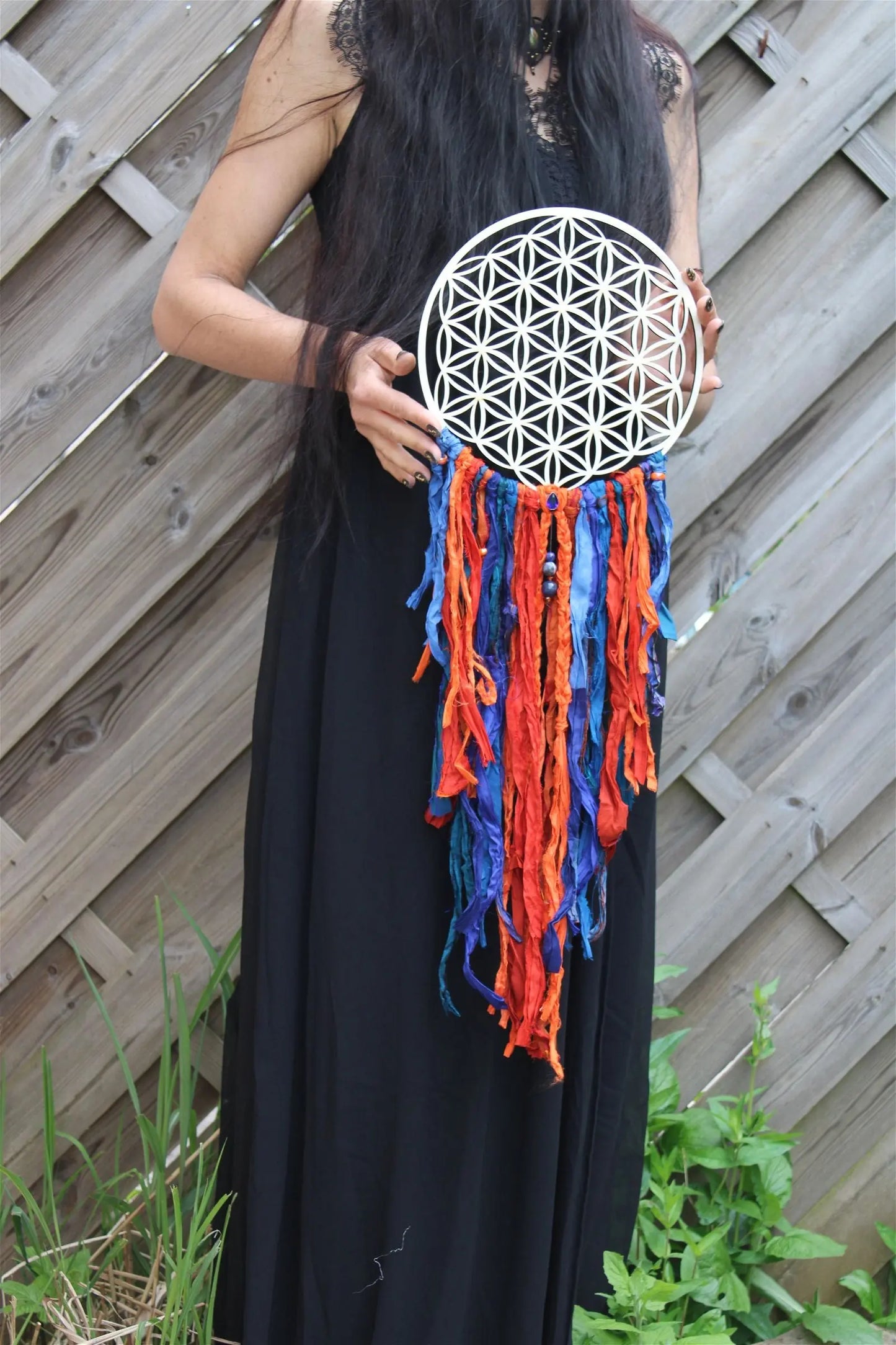 Décoration FLEUR DE VIE ET SOIE **boho chic gypsy** sodalite ambre - Aurore Lune