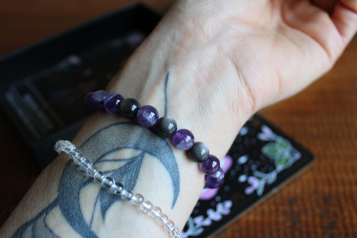 1 bracelet améthyste obsidienne argentée poignet fin <15.5cm