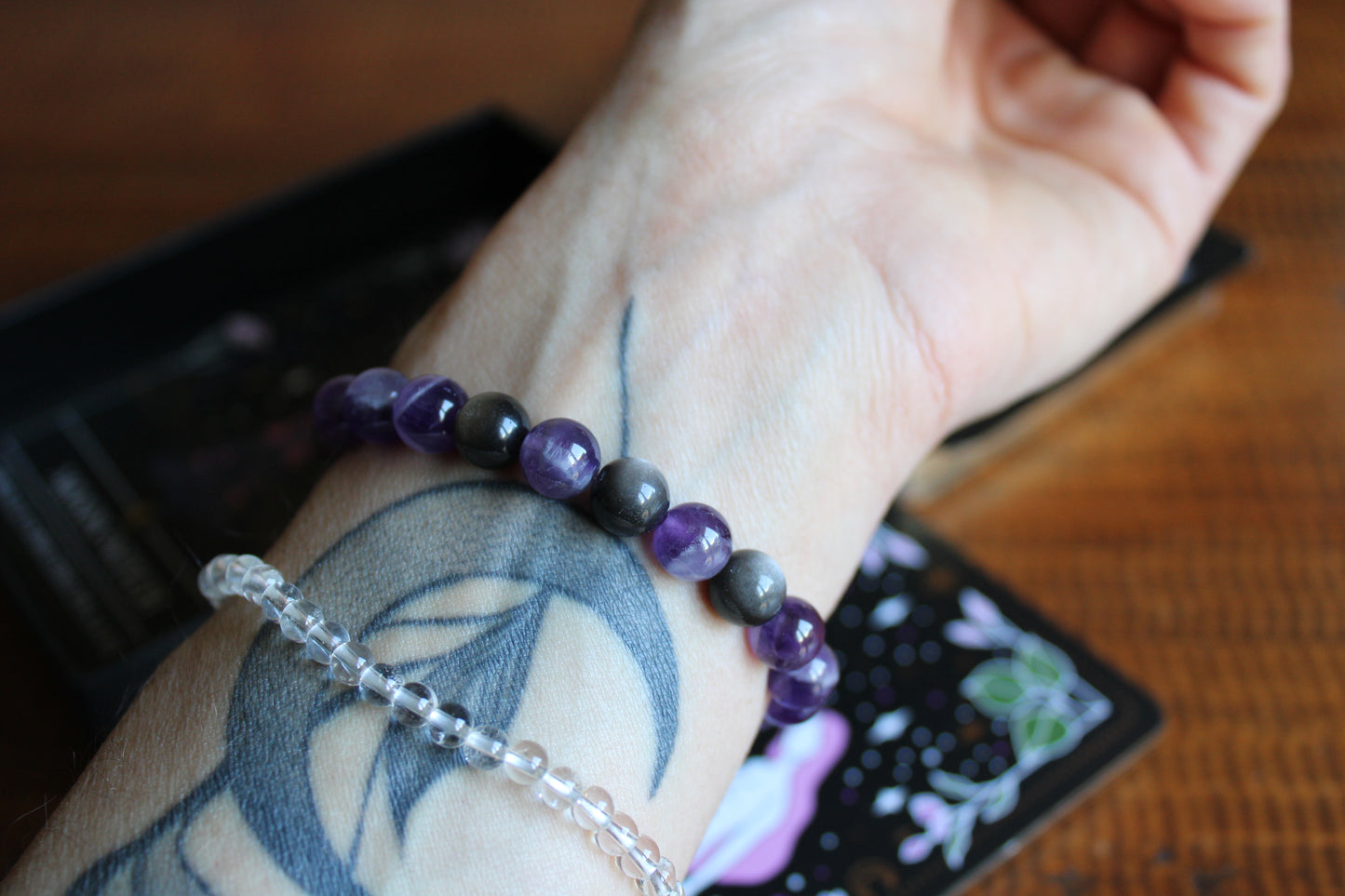 1 bracelet améthyste obsidienne argentée poignet fin <15.5cm