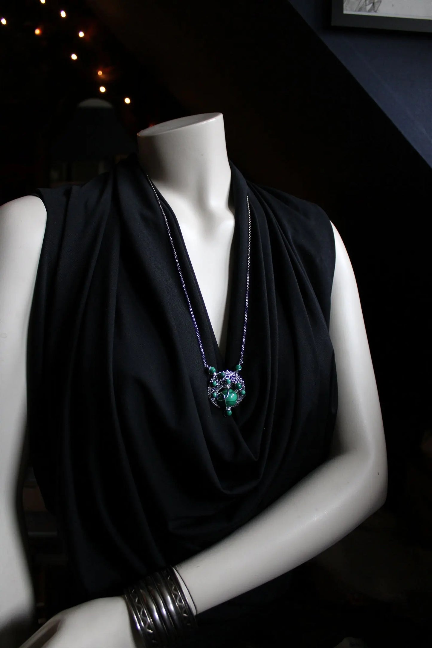 Long collier sautoir malachite et lune - Aurore Lune
