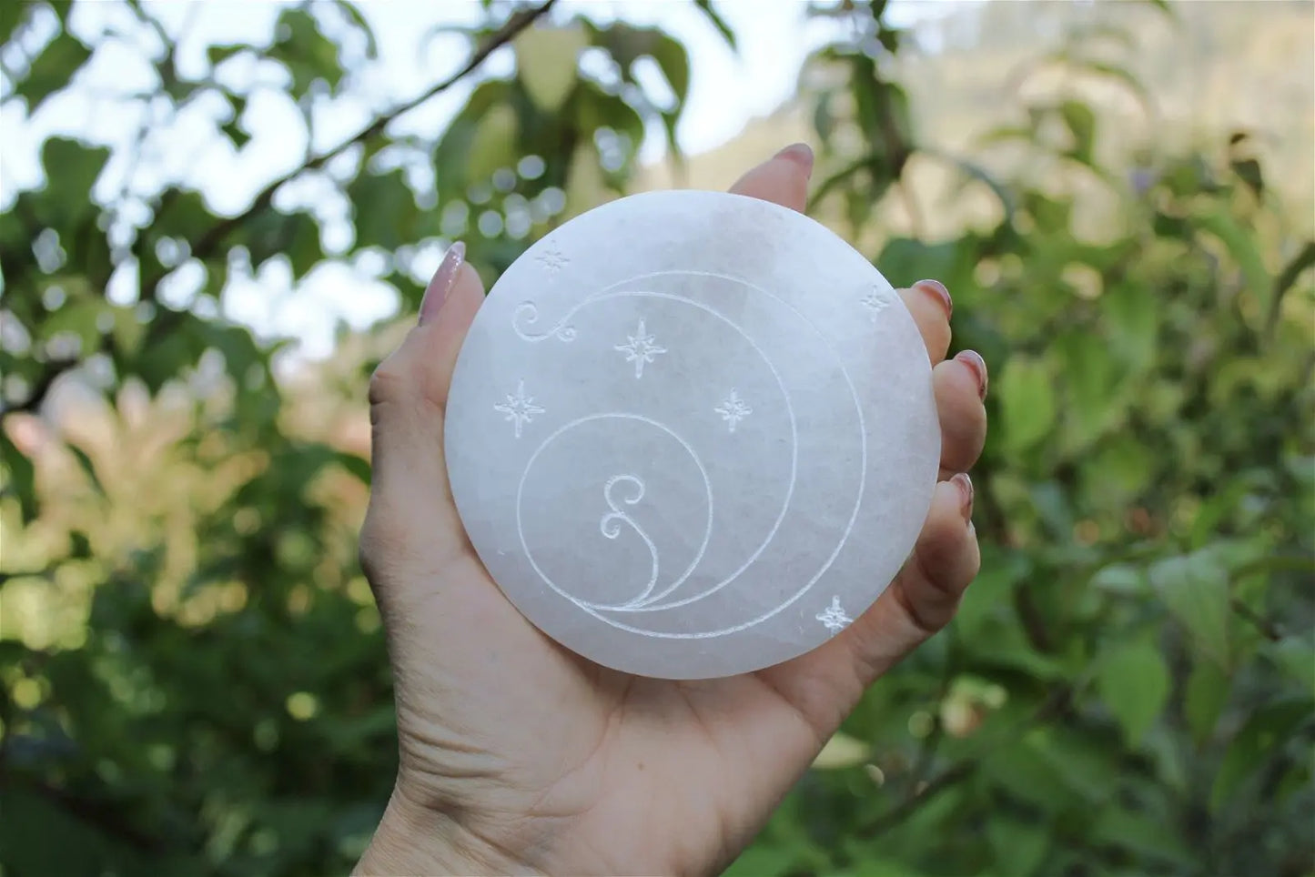Lune étoiles et pousse de plante sur sélénite - Aurore Lune