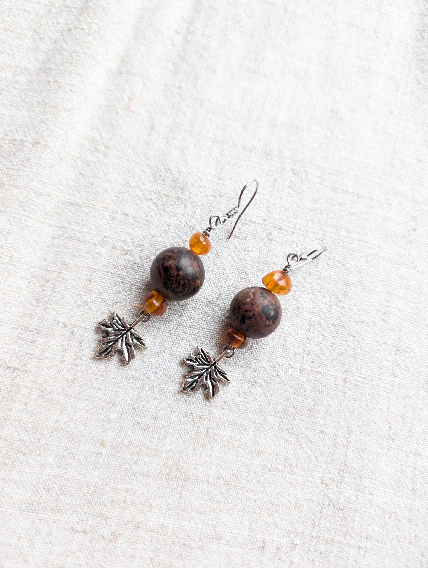 Boucles d'oreille obsidienne acajou et ambre