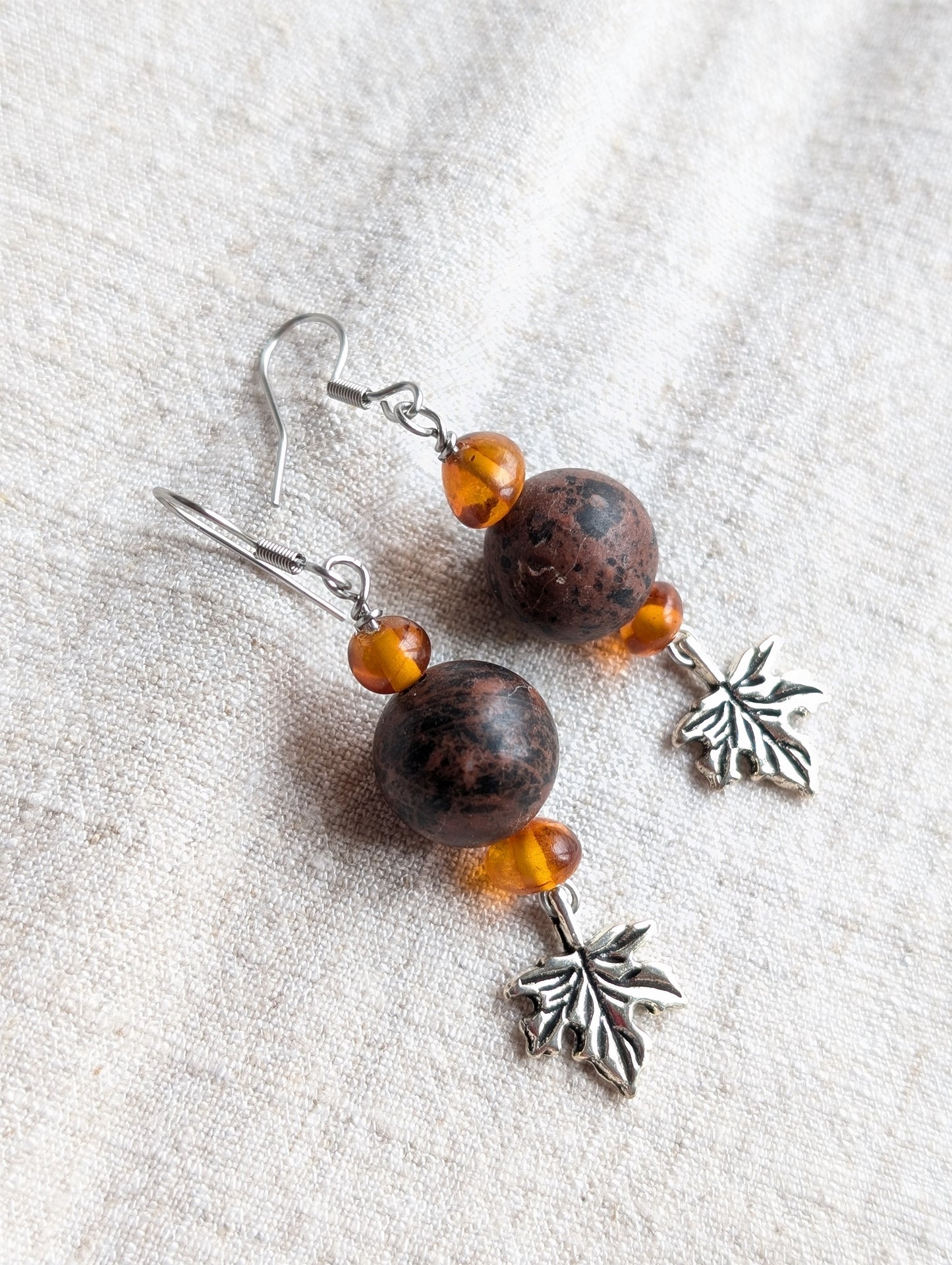 Boucles d'oreille obsidienne acajou et ambre