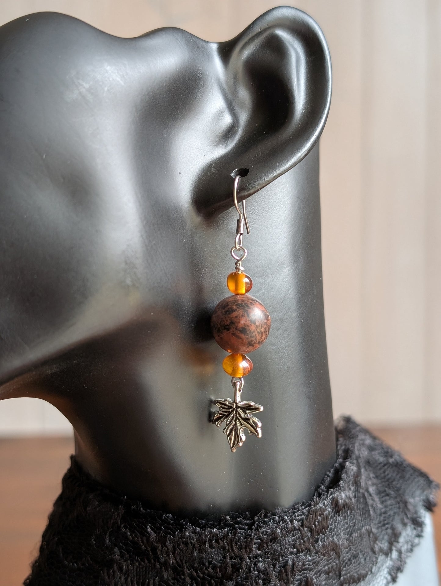 Boucles d'oreille obsidienne acajou et ambre