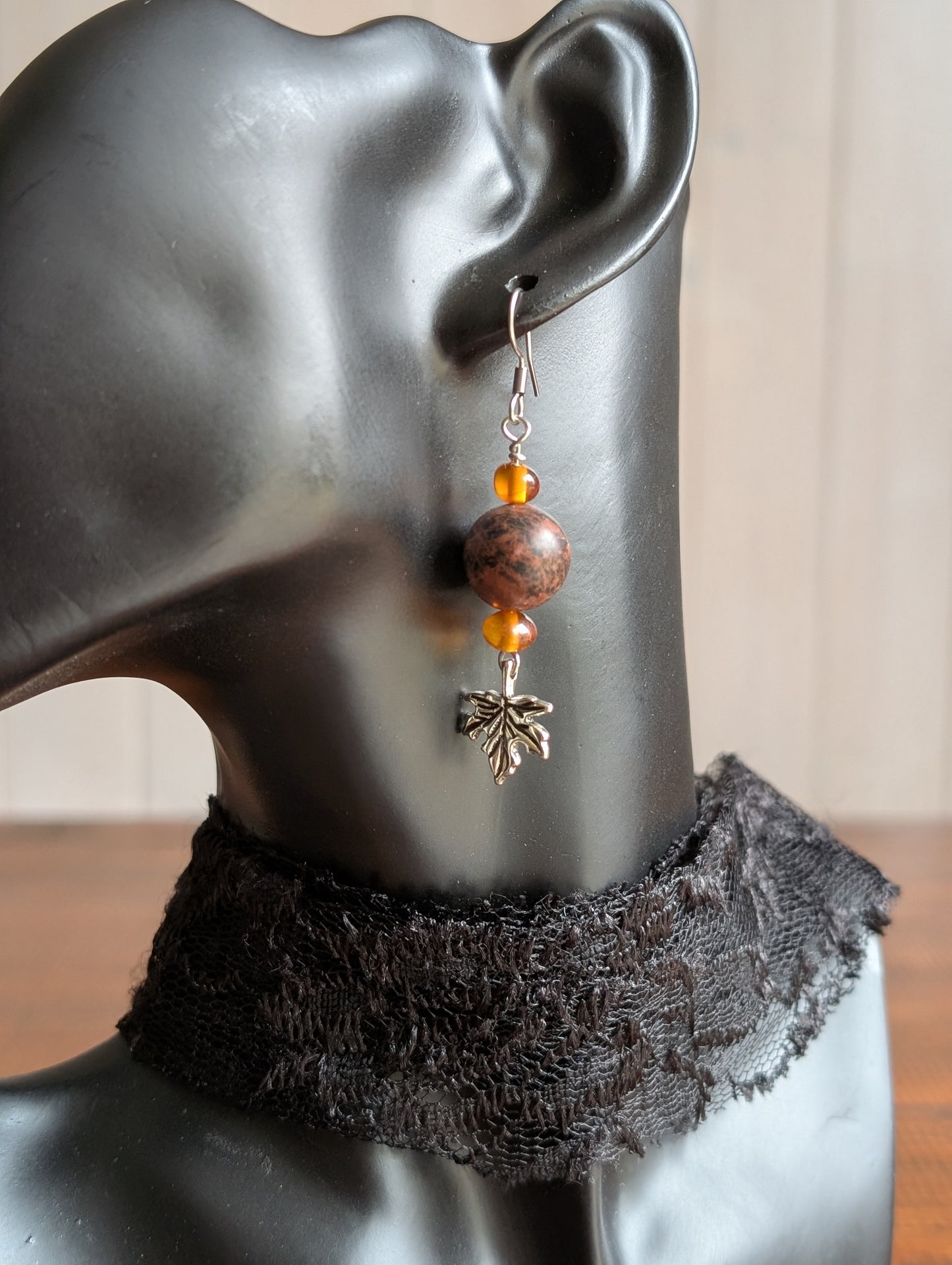 Boucles d'oreille obsidienne acajou et ambre