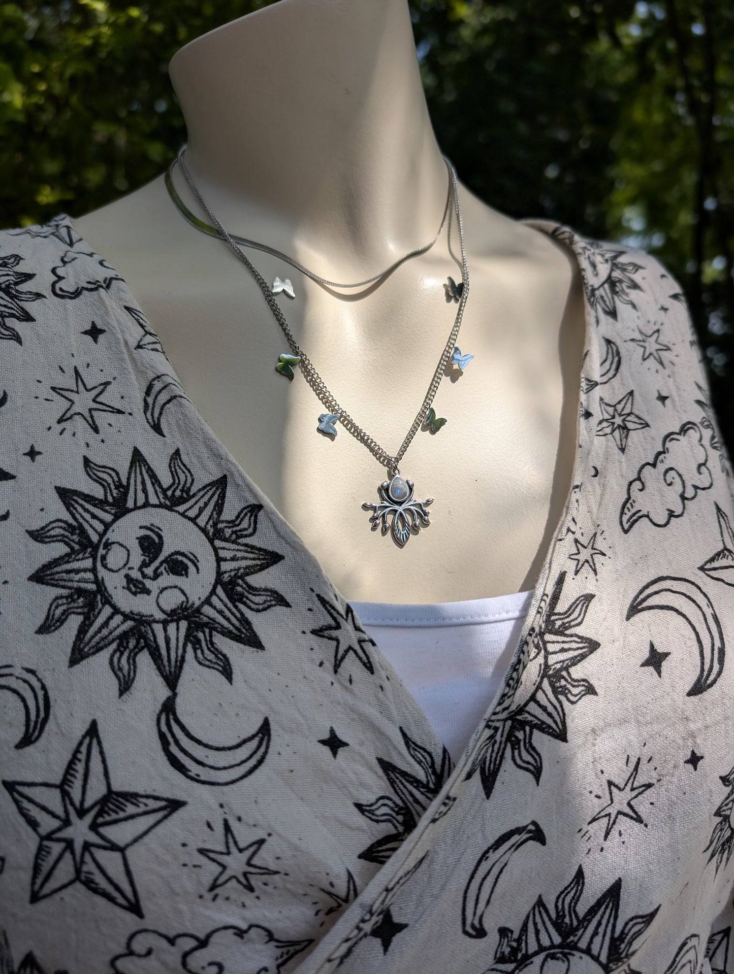 Collier double avec labradorite blanche pierre de lune arc-en-ciel