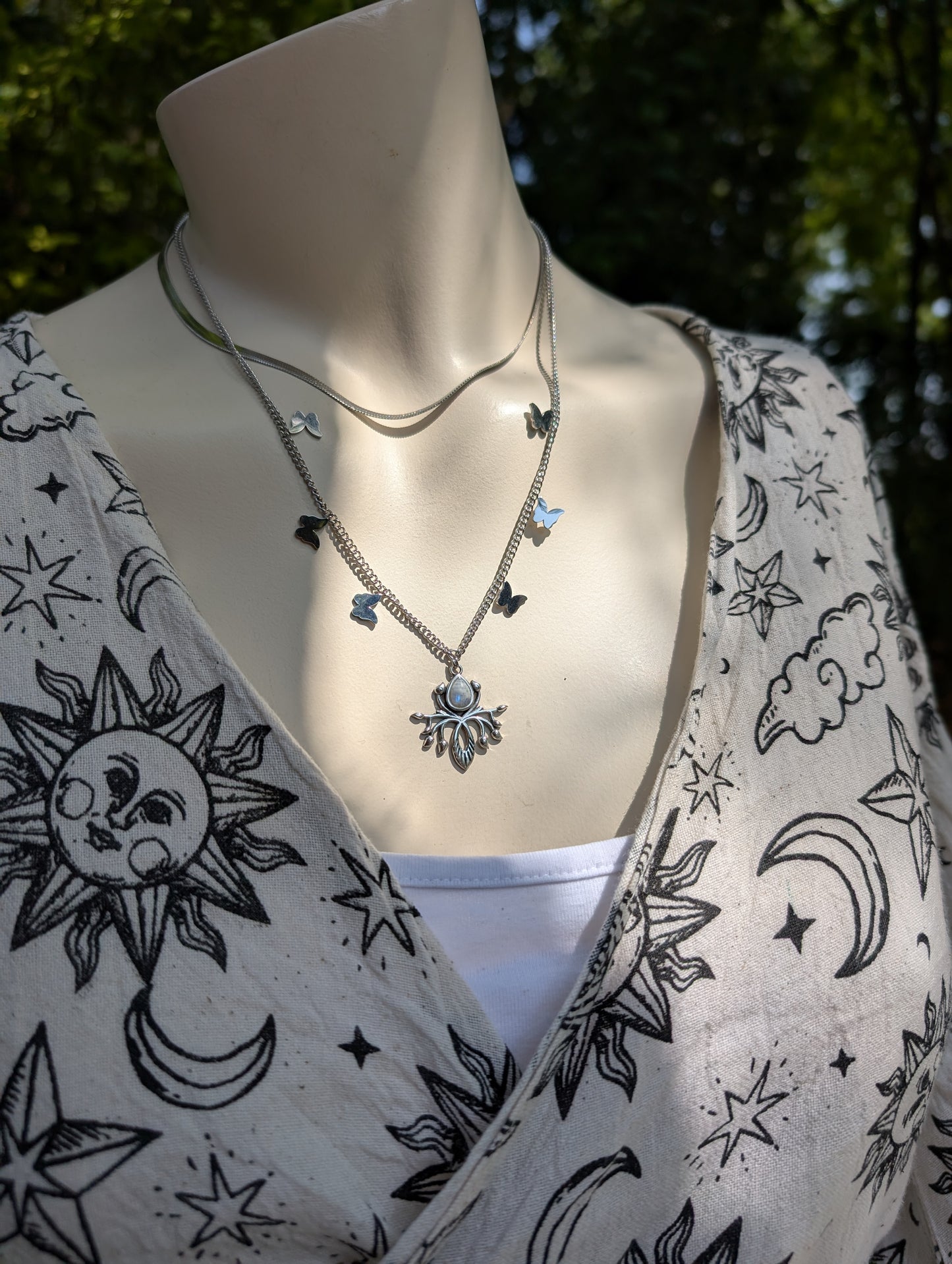 Collier double avec labradorite blanche pierre de lune arc-en-ciel