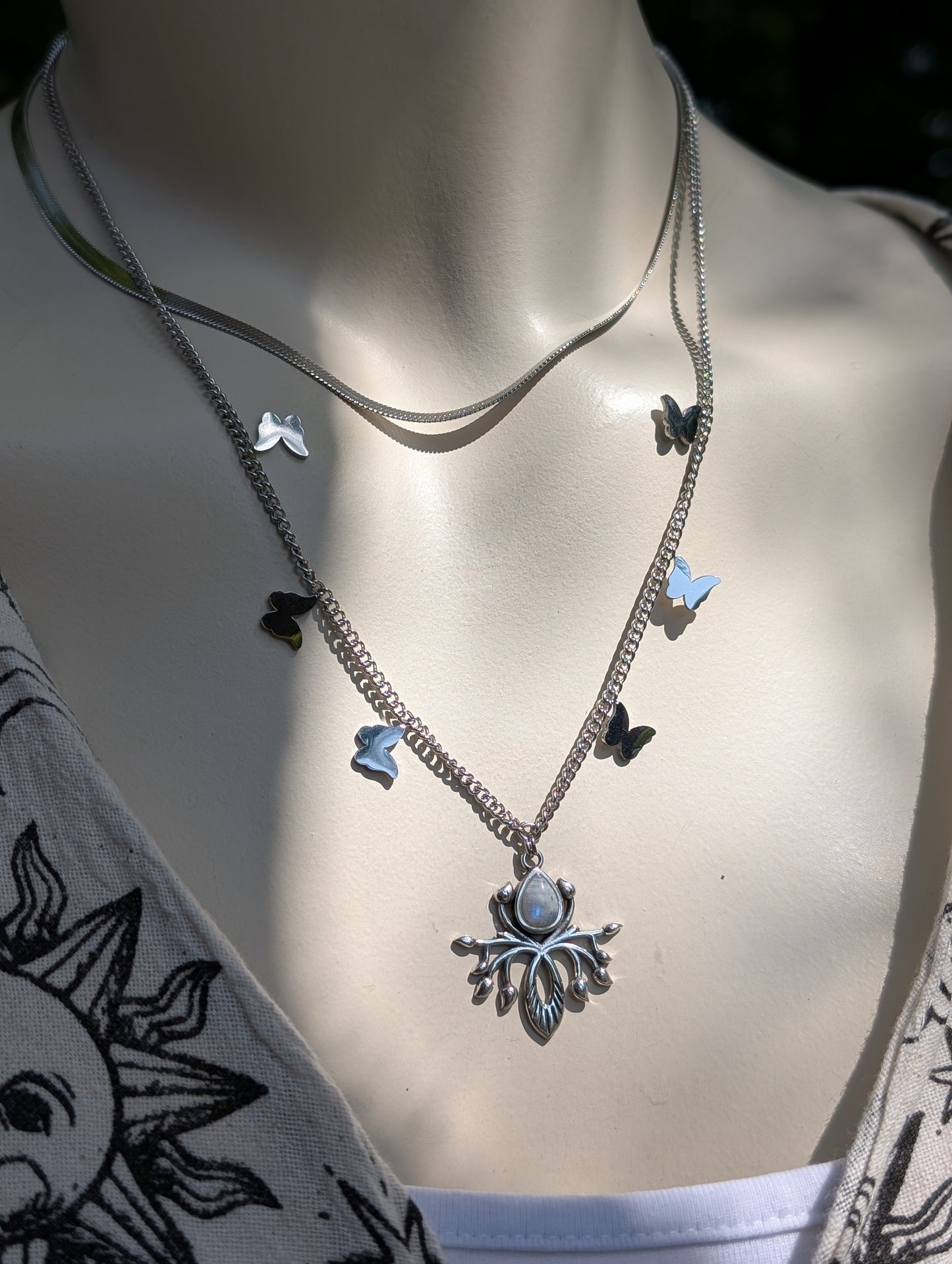 Collier double avec labradorite blanche pierre de lune arc-en-ciel