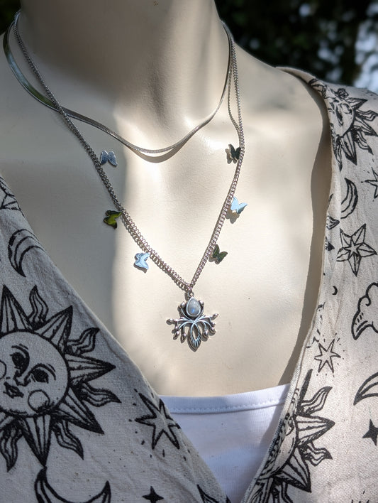 Collier double avec labradorite blanche pierre de lune arc-en-ciel