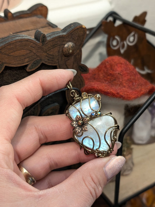 Collier double labradorite blanche pierre de lune arc-en-ciel