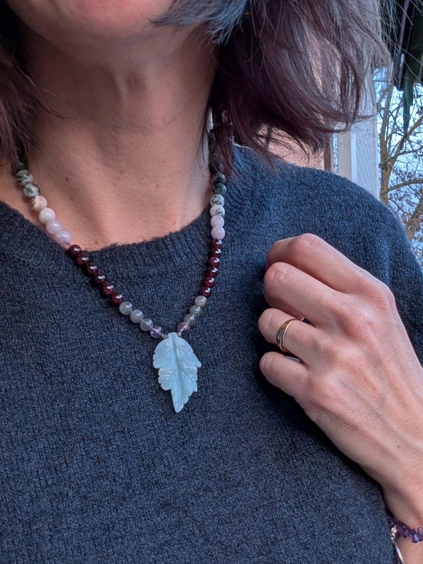 Collier nature amazonite kunzite grenat agate arbre et mousse