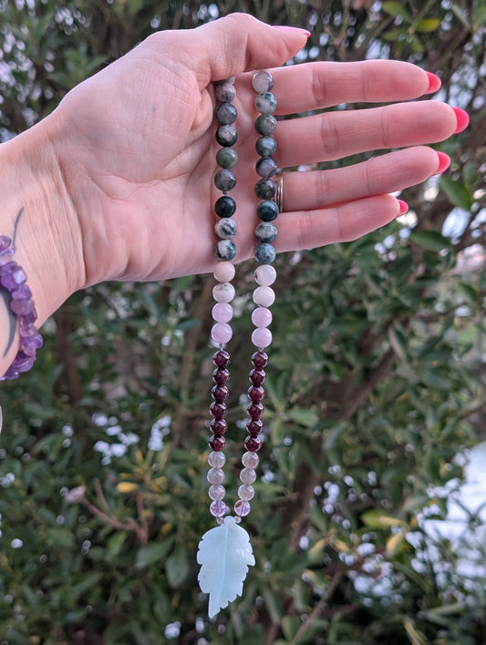 Collier nature amazonite kunzite grenat agate arbre et mousse