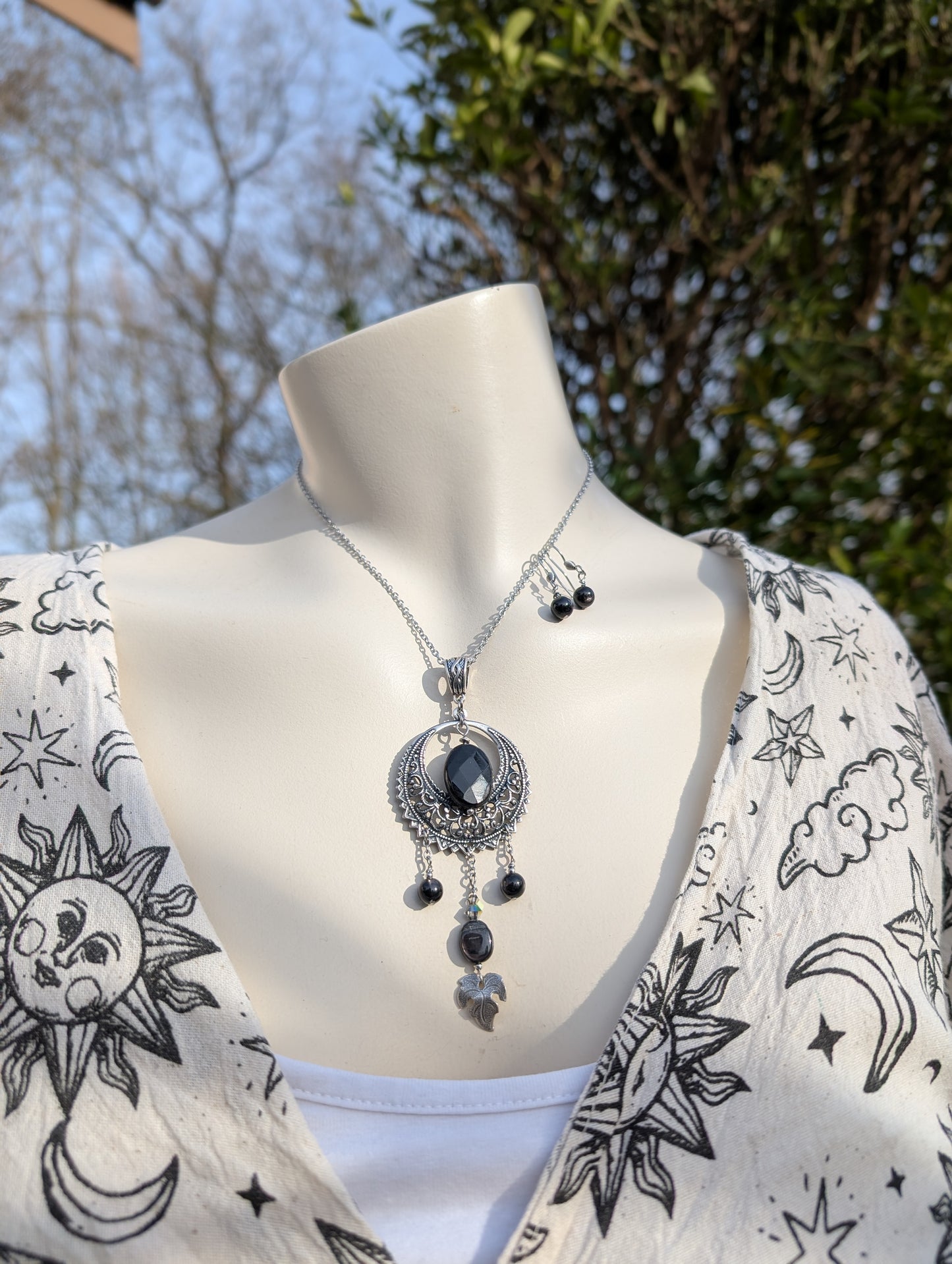 Parure collier avec hypersthène et boucles d'oreilles assorties