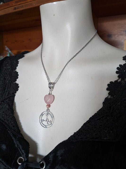 Talisman Lilith INOX collier coeur quartz rose rhodochrosite - Aurore Lune