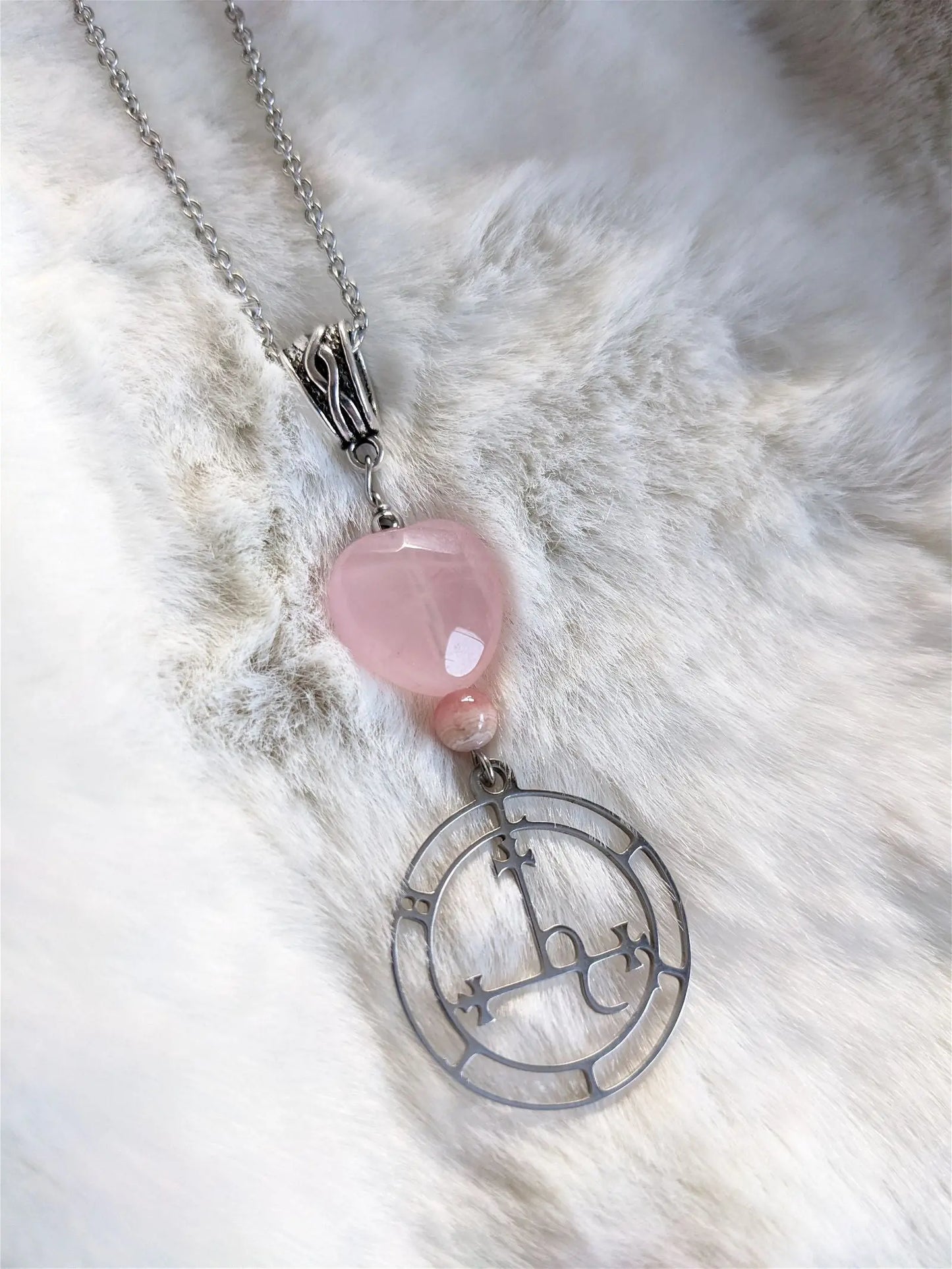 Talisman Lilith INOX collier coeur quartz rose rhodochrosite - Aurore Lune