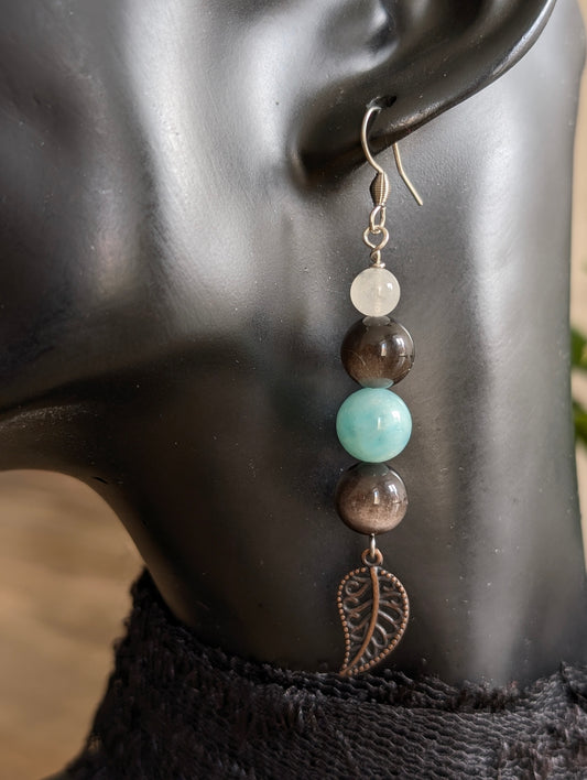 Boucles d'oreilles amazonite obsidienne argentée labradorite blanche