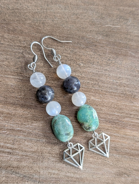 Boucles d'oreilles labradorite blanche chrysoprase cordiérite
