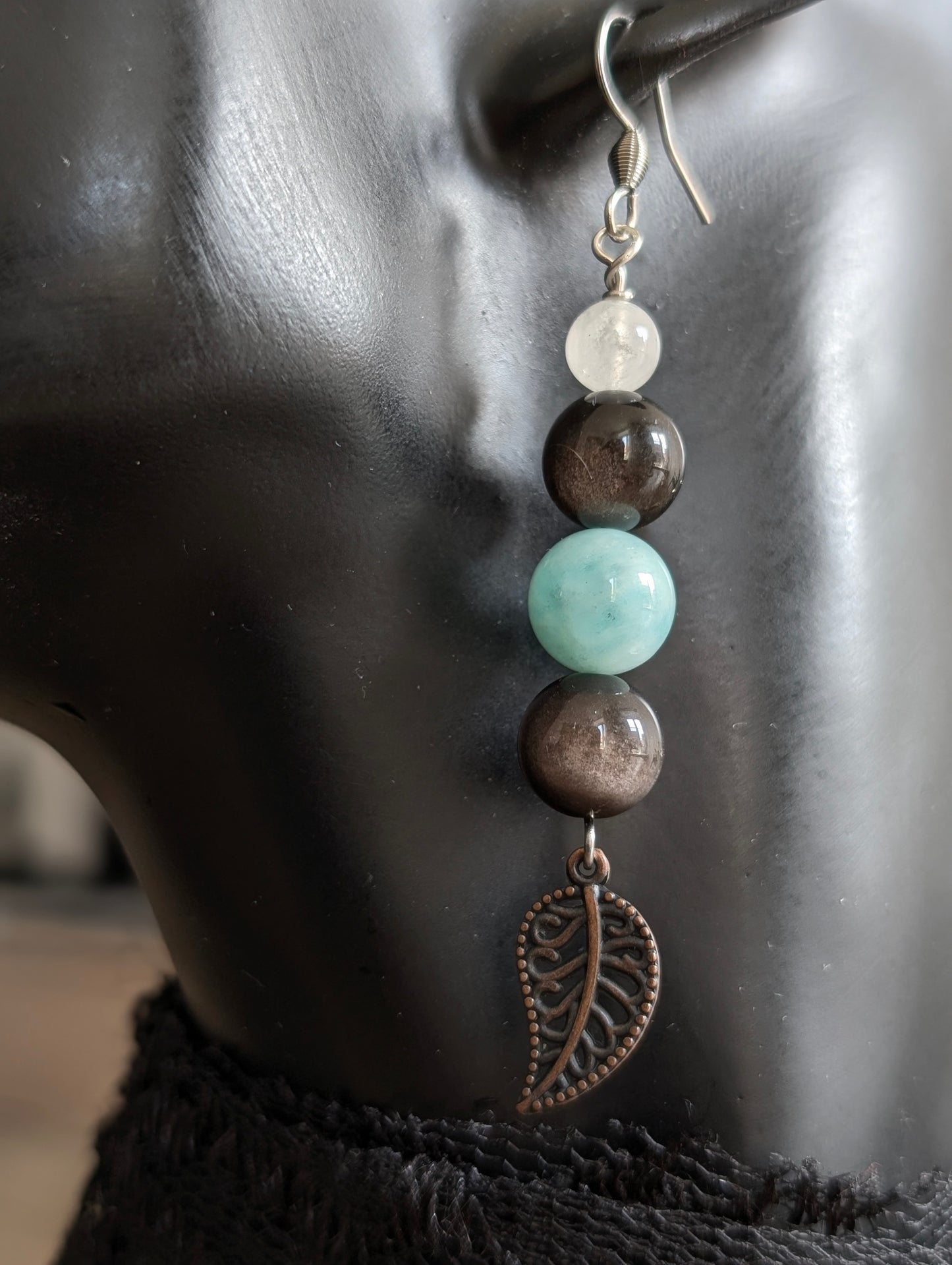 Boucles d'oreilles amazonite obsidienne argentée labradorite blanche