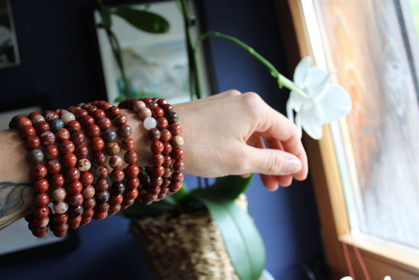 1 Bracelet élastiqué en jaspe rouge poignet moyen à large - Aurore Lune 