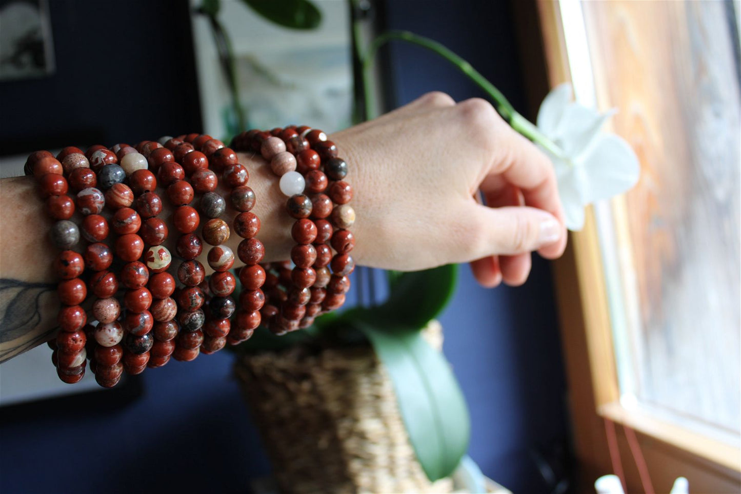 1 Bracelet élastiqué en jaspe rouge poignet moyen à large - Aurore Lune 