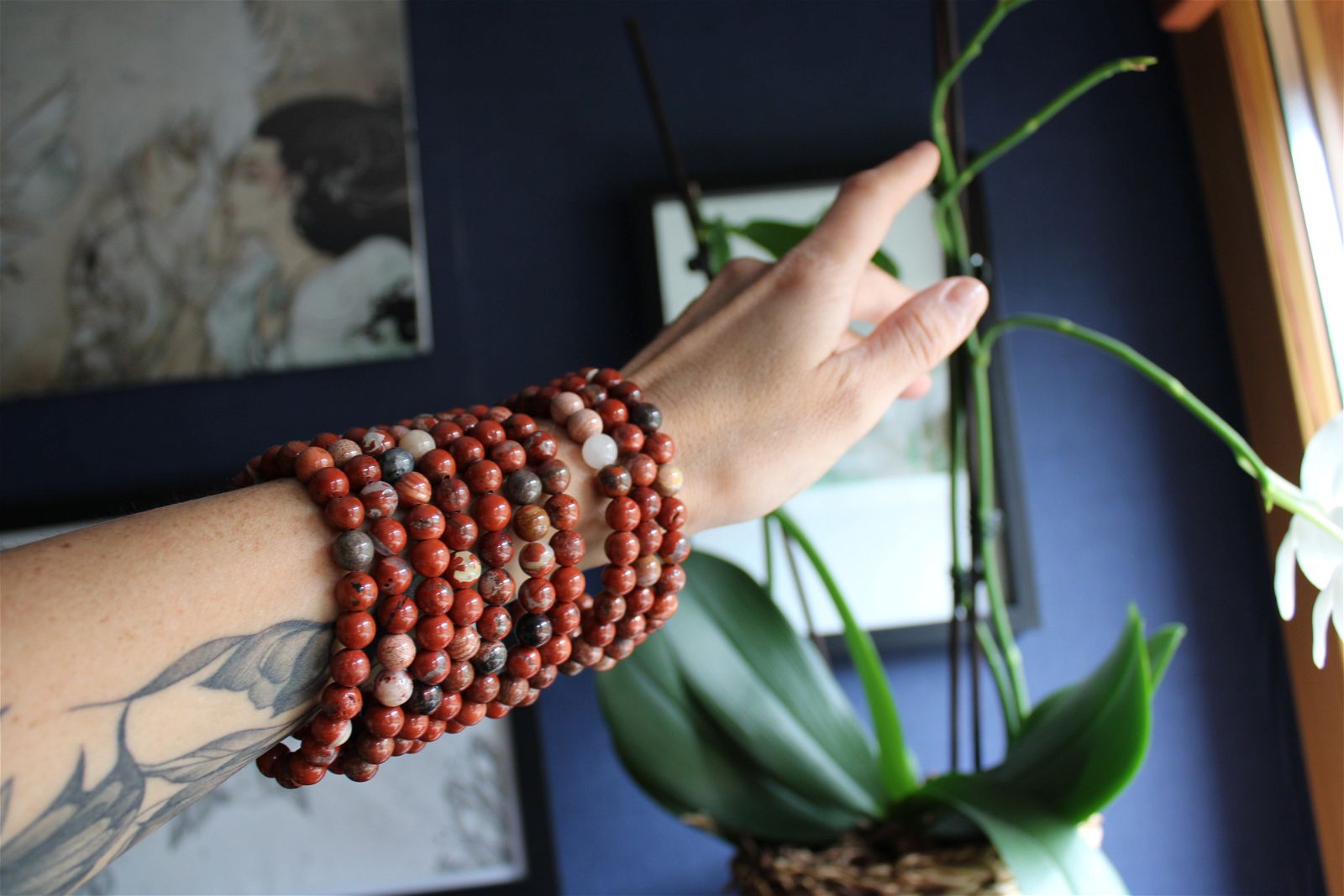 1 Bracelet élastiqué en jaspe rouge poignet moyen à large - Aurore Lune 