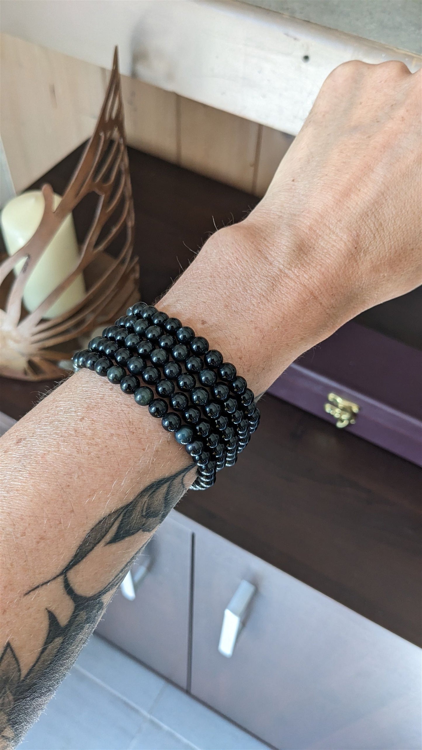 1 Bracelet élastiqué en obsidienne oeil céleste poignet moyen - Aurore Lune 