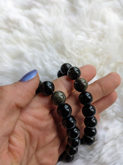 1 Bracelet en obsidienne dorée 12 mm poignet large - Aurore Lune 