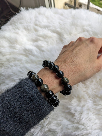 1 Bracelet en obsidienne dorée 12 mm poignet large - Aurore Lune 