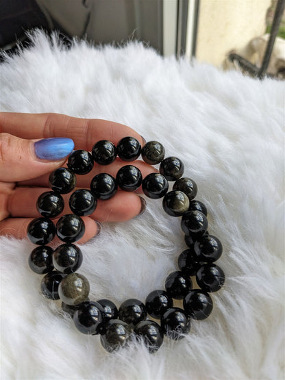 1 Bracelet en obsidienne dorée 12 mm poignet large - Aurore Lune 