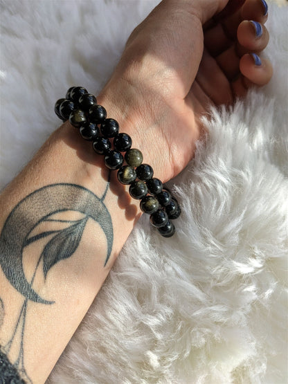 1 Bracelet en obsidienne dorée 8mm poignet large - Aurore Lune 