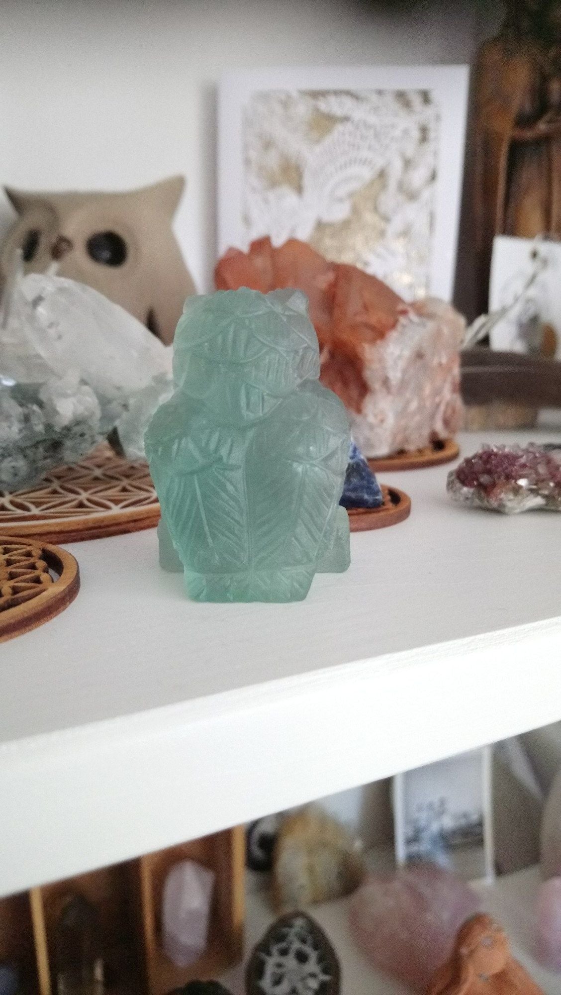 1 Hibou En Fluorite Verte - Aurore Lune 