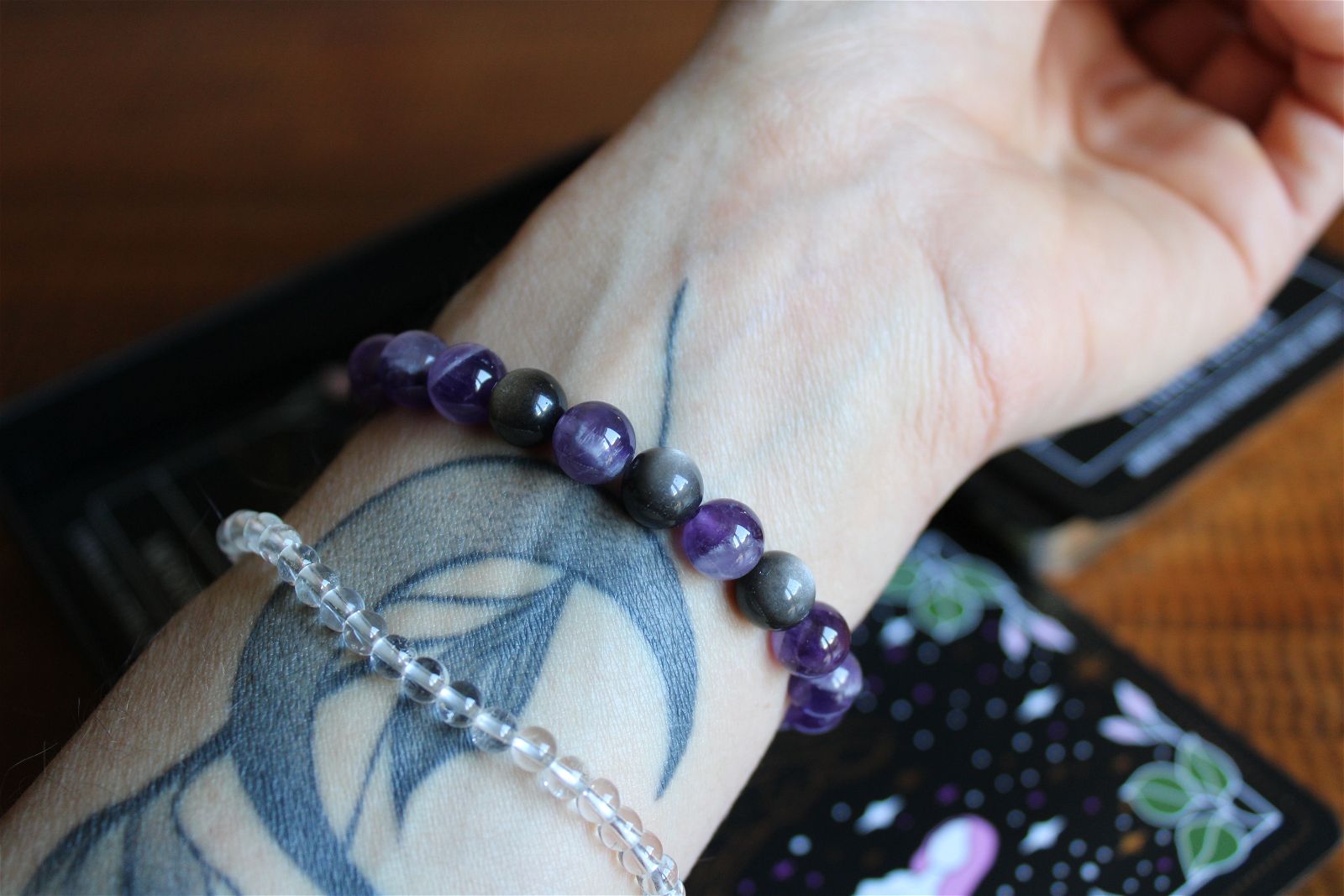 1 bracelet améthyste obsidienne argentée poignet fin <15.5cm - Aurore Lune 