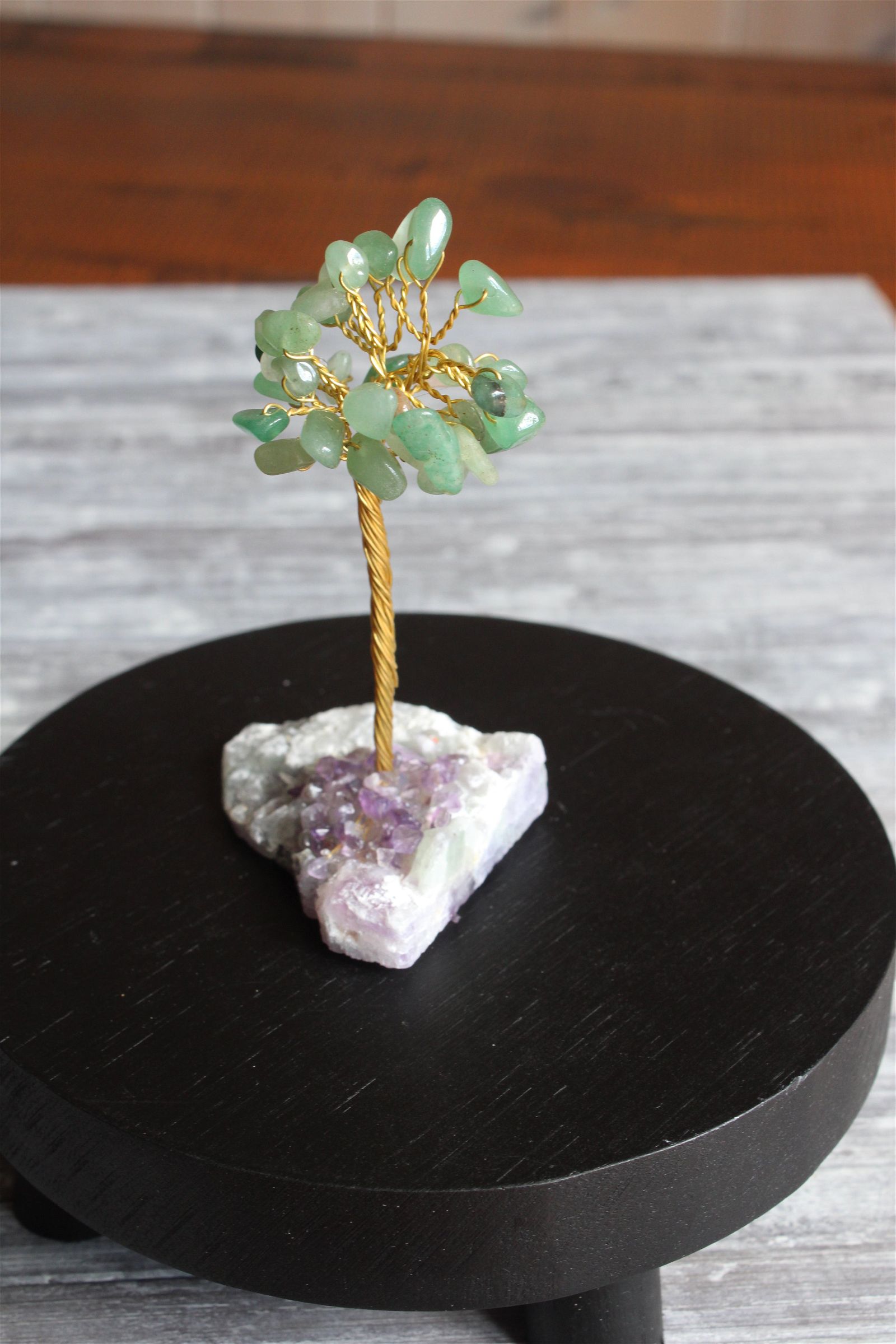 Arbre aventurine verte sur socle en fluorite et améthystes collées - Aurore Lune 