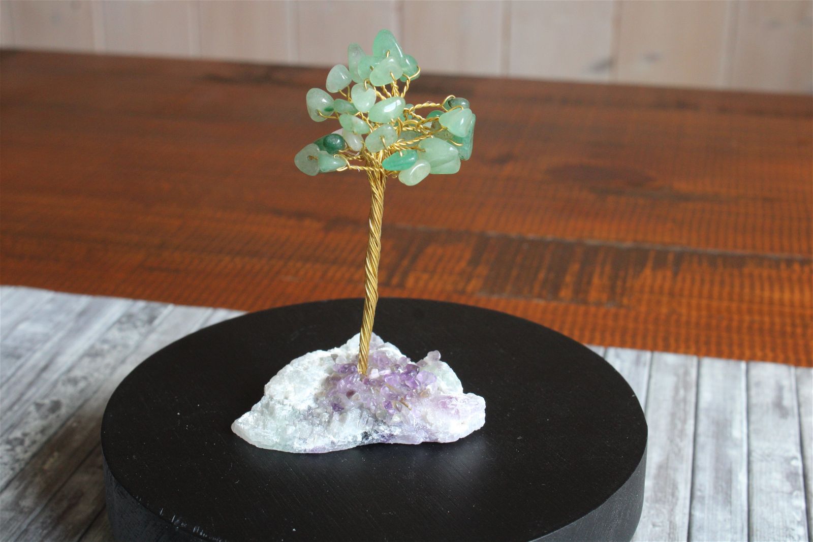 Arbre aventurine verte sur socle en fluorite et améthystes collées - Aurore Lune 