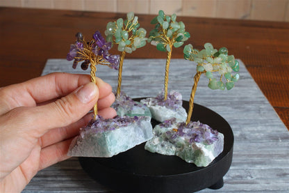 Arbre aventurine verte sur socle en fluorite et améthystes collées - Aurore Lune 