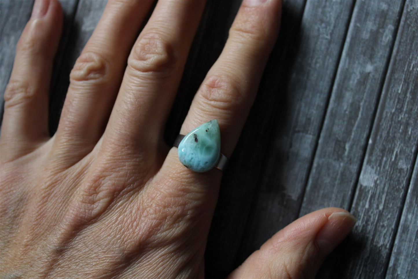 Bague inox réglable avec larimar minimum T. 52 - Aurore Lune 