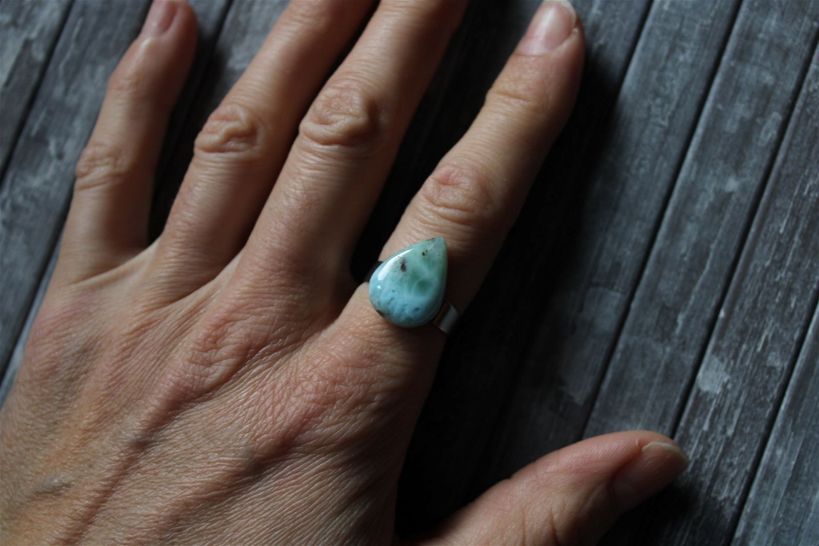 Bague inox réglable avec larimar minimum T. 52 - Aurore Lune 