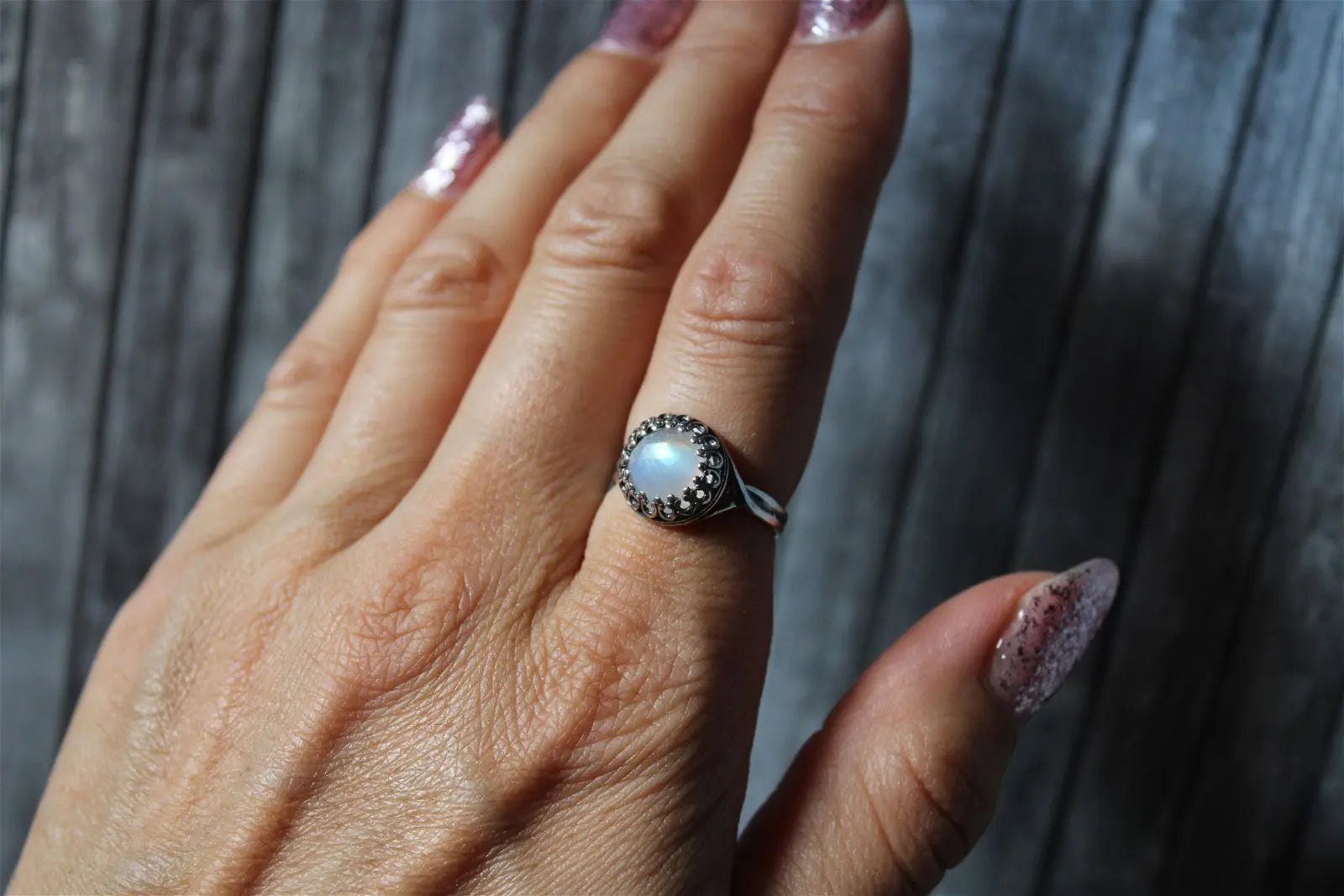 Bague réglable labradorite blanche - E - T 50 et plus- réglable en écartant - Aurore Lune 