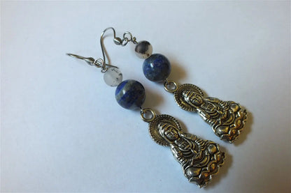 Boucles d'oreilles avec Bouddha lapis lazuli agate - Aurore Lune 