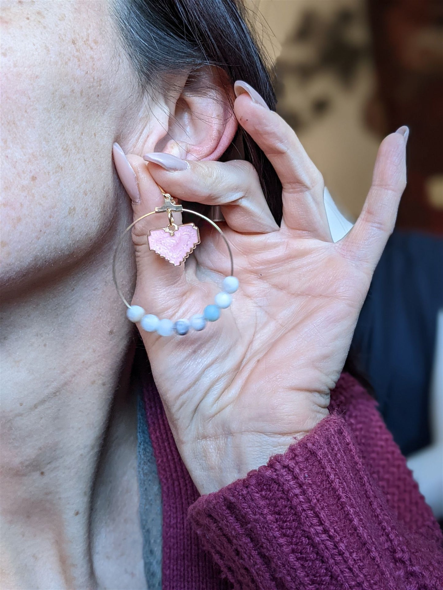 Boucles d'oreilles avec amazonite et coeurs - Aurore Lune 