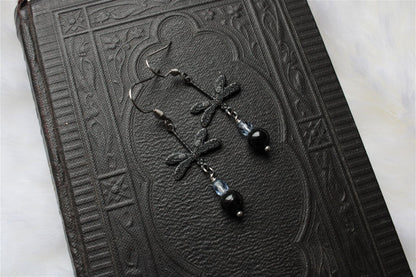 Boucles d'oreilles avec hypersthènes et libellules - Aurore Lune 