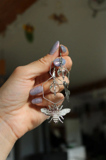 Boucles d'oreilles cristal de roche et bourdons tout inox - Aurore Lune 