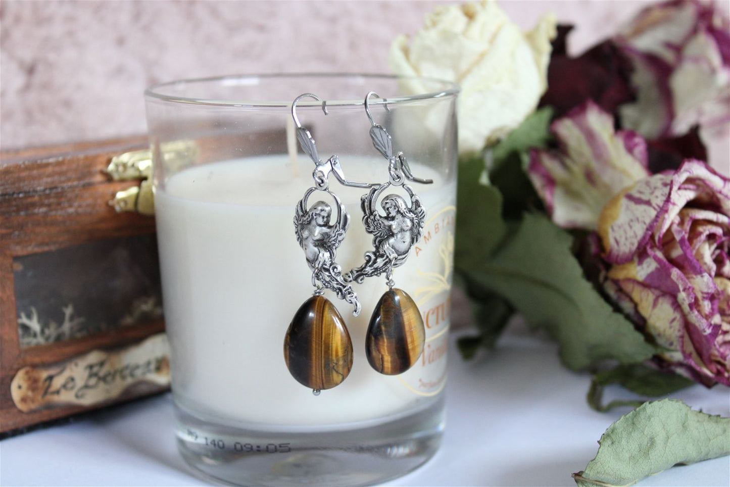 Boucles d'oreilles en oeil de tigre - Aurore Lune 