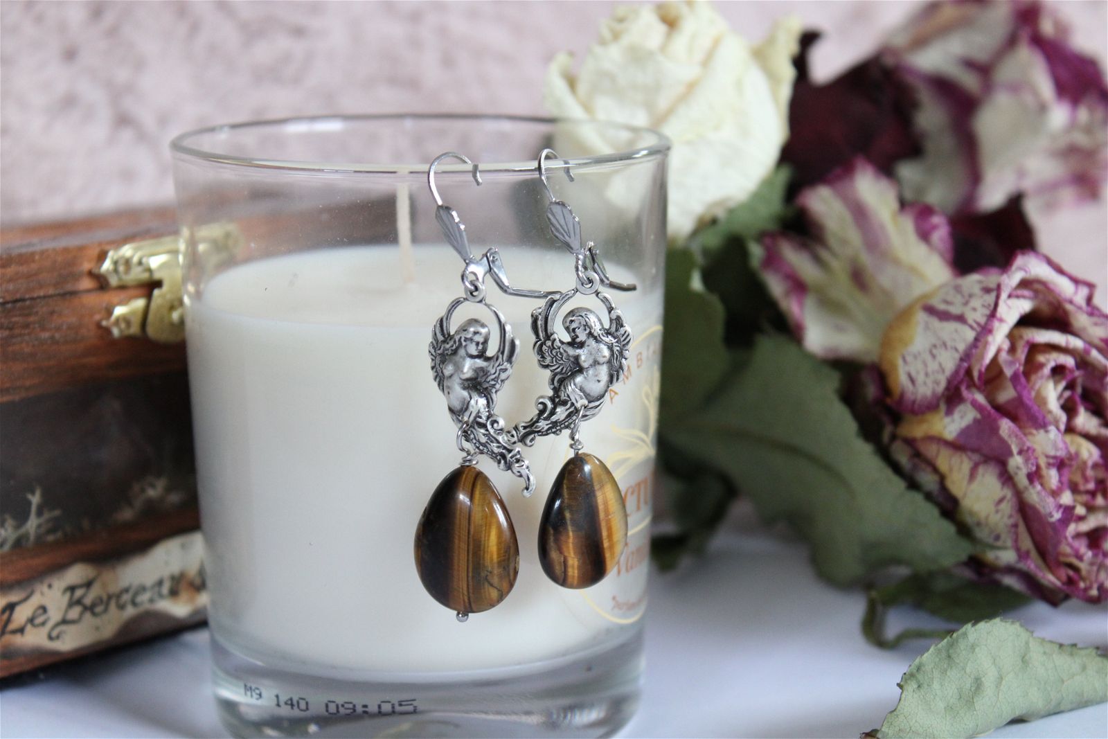 Boucles d'oreilles en oeil de tigre - Aurore Lune 