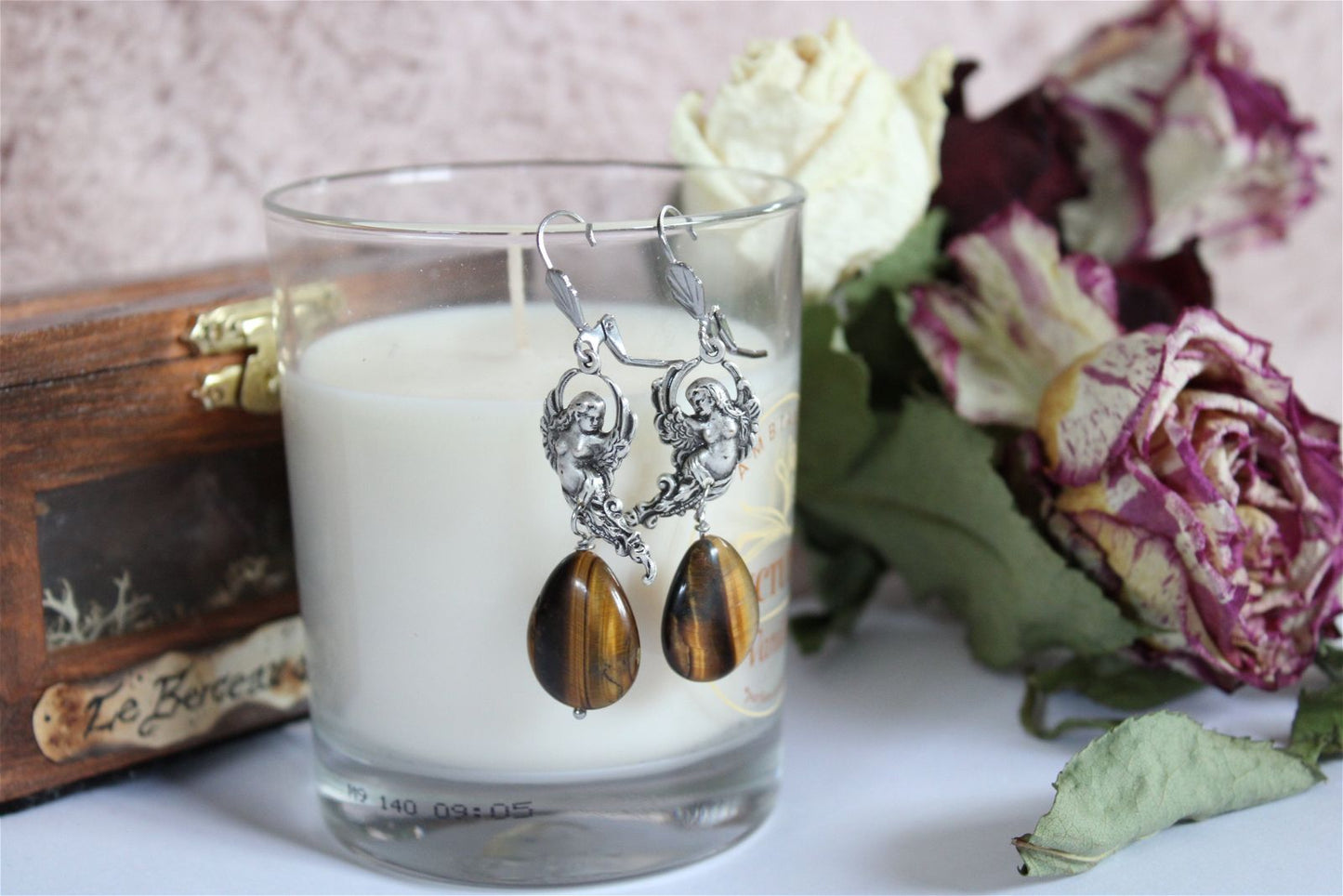 Boucles d'oreilles en oeil de tigre - Aurore Lune 